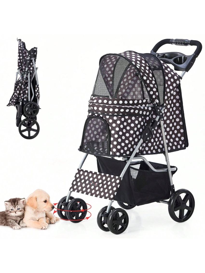Pet Stroller for Medium Small Dogs & Cats, One-Hand Folding Portable Travel Cat Dog Stroller with Large Storage Basket and Cup Holder, 4 Wheels