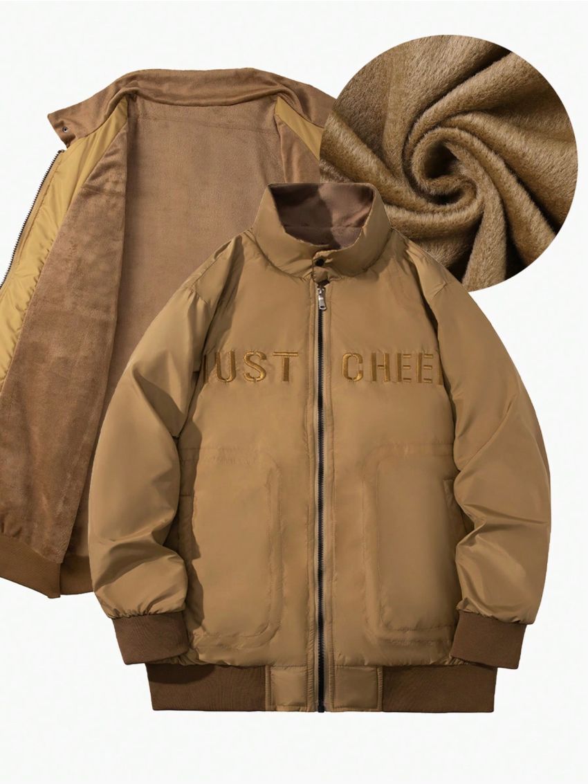 Manfinity Homme Men's Zip Front Fleece Jacket With Letter Embroidery