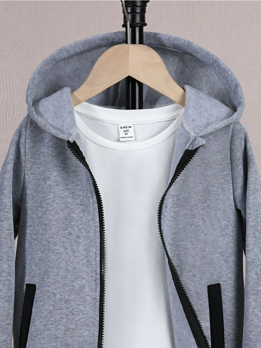 SHEIN Kids Cooltwn Toddler Boys' Casual Hooded Warm Sports Jacket For Autumn And Winter