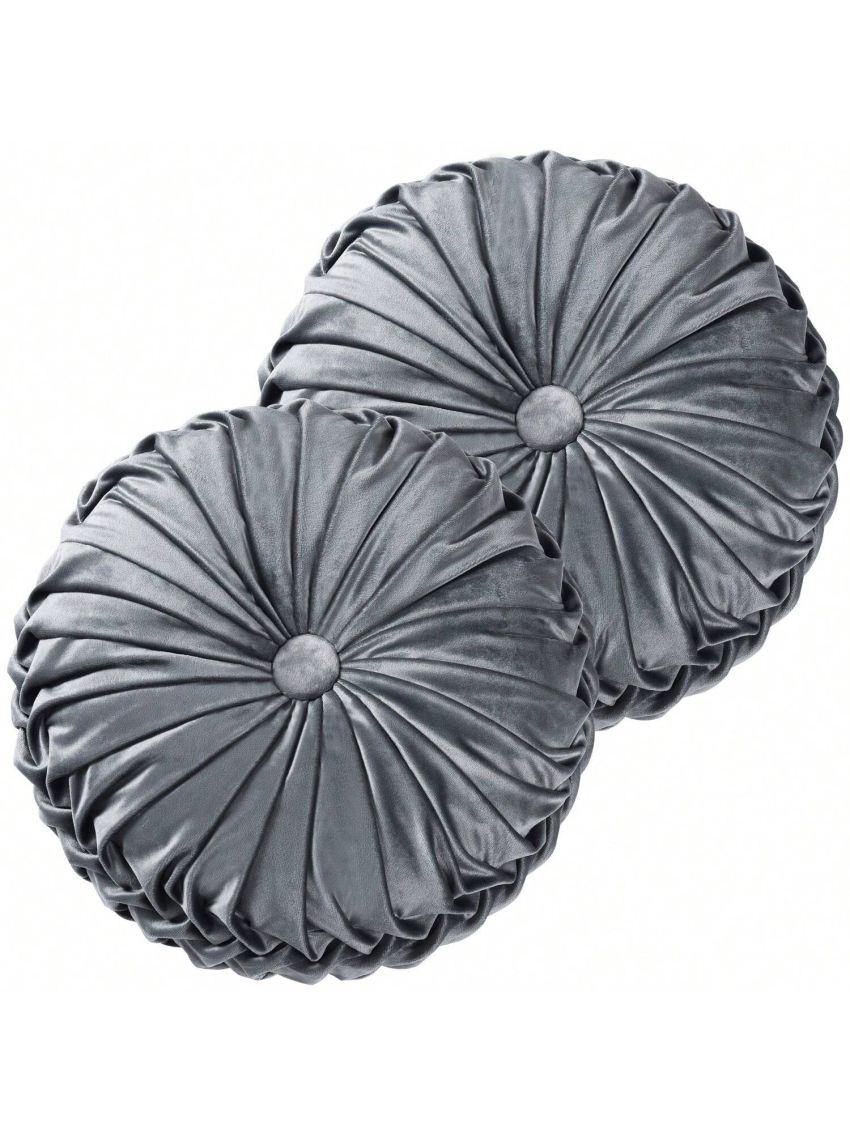 Set of 2 Decorative Round Pleated Throw Pillows, Classy Accent Pumpkin Throw Pillows with Center Button, Vintage Velvet Floor Pillow for Sofa Couch Vanity Chair Bed, 14.5