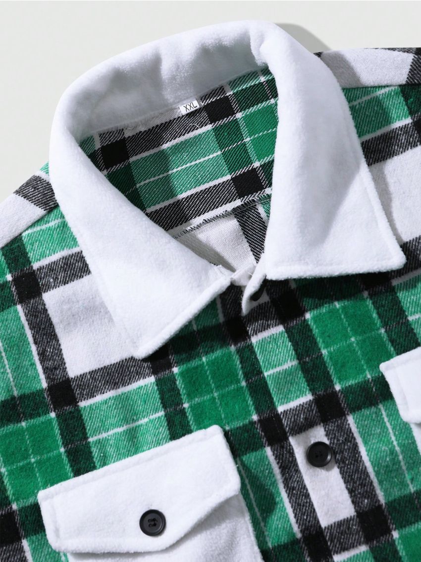 Manfinity Homme Men's Plus Size Grid Pattern Shirt Jacket With Flap Pockets