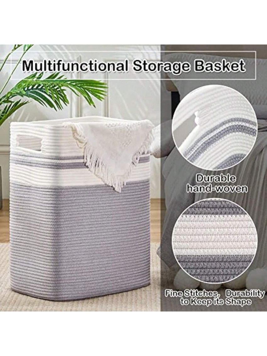 Laundry Basket, Rectangle Laundry Hamper,Tall Cotton Storage Basket with Handles,Collapsible Large Basket for Clothes,Decorative Blanket Basket for Living room-16.5x12.6x21.6in-Gray