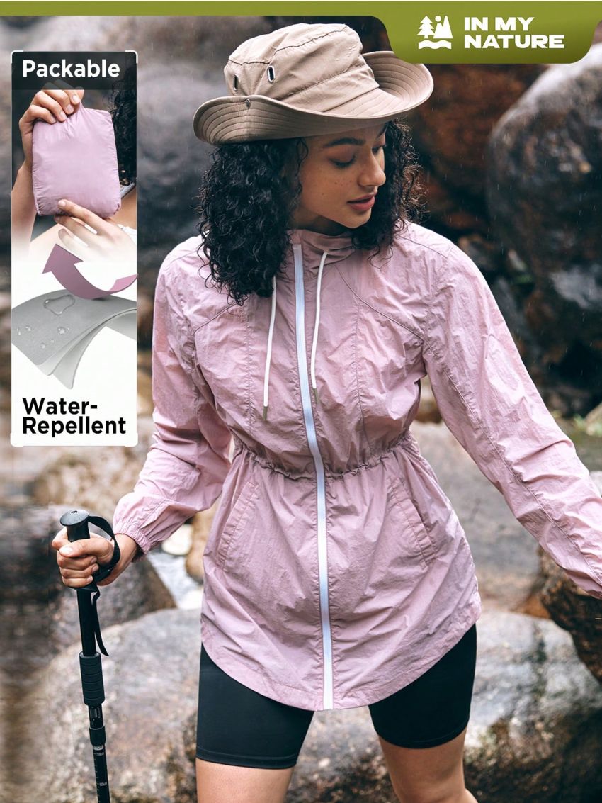 In My Nature Women's Candy-Colored Water Repellent Mid-Length Skin-Friendly Drawstring Hooded Sun Protection Jacket, Suitable For Camping, Hiking, City Commuting And Other Outdoor Activities, Waist With Adjustable Drawstring, Storage Design Included