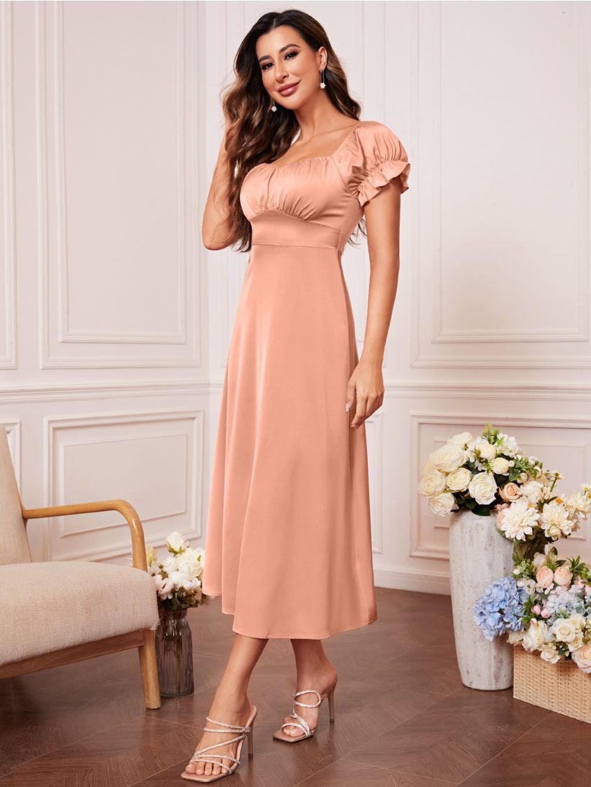 Ruched Bust Puff Sleeve Satin Bridesmaid Dress