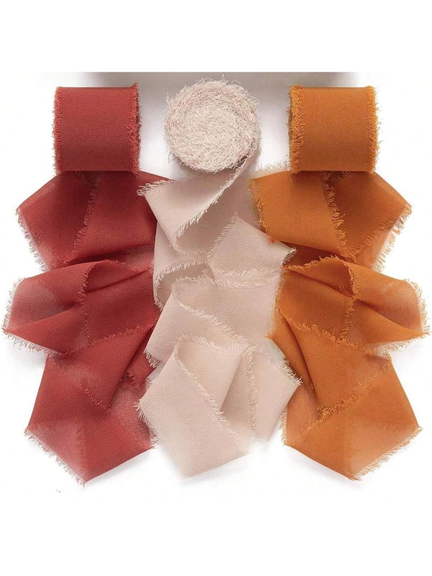3 Rolls Handmade Tassel Chiffon & Silk Ribbon Set, Including Pink, Cream And Coral Red Satin Ribbon, For Wedding Invitation, Bridal Bouquet, Gift Packaging, Diy Craft