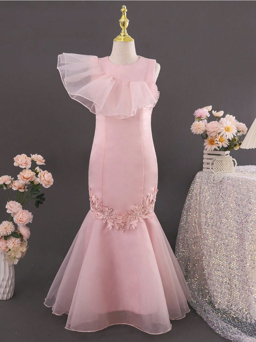 Tween Girls' Romantic & Elegant Pink Mesh Splice Dress With Ruffle Details, Round Neckline And Mermaid Hemline, Suitable For Party, Banquet, Birthday Party And Other Occasions