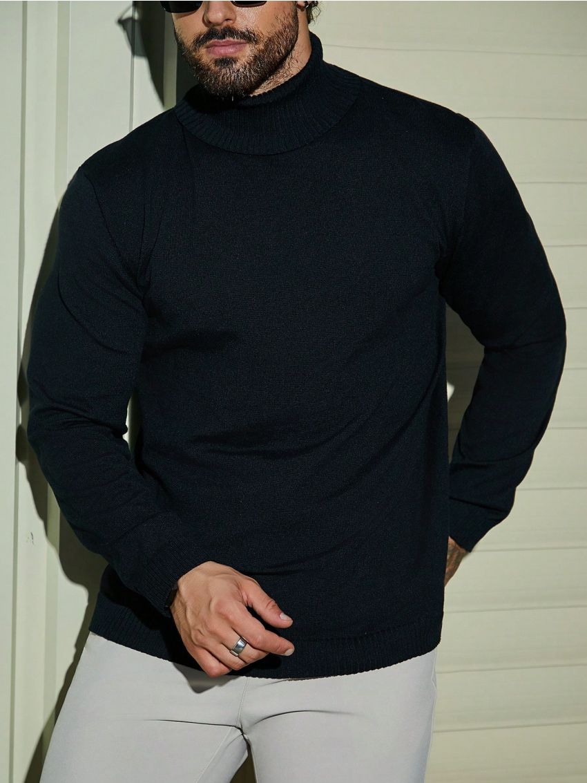Extended Sizes Men's High Neck Solid Color Plus Size Sweater
