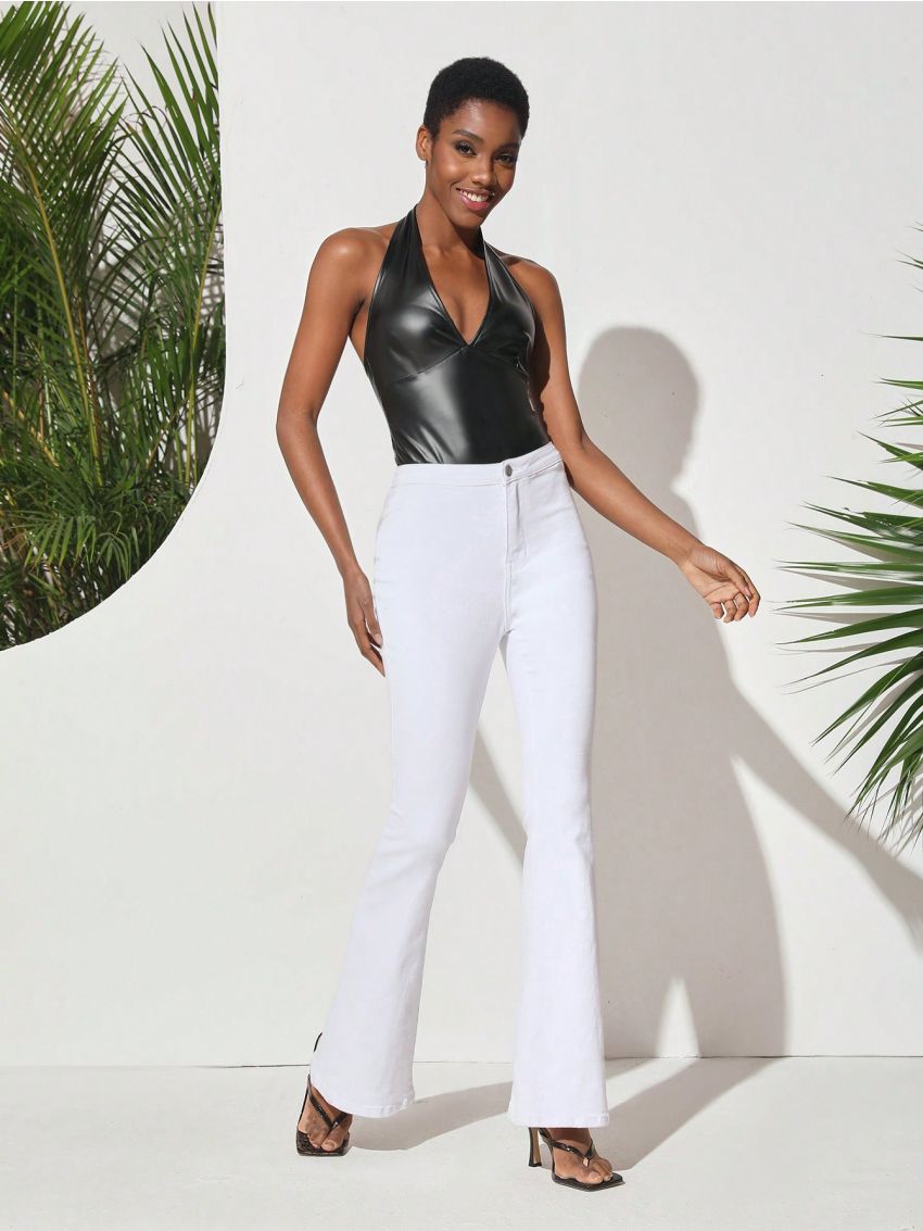 Janis Chow Women'S Backless Halter Pu Leather Jumpsuit