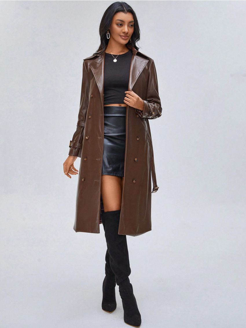 CHEYENNE SAHARA Double Breasted Belted PU Leather Trench Coat