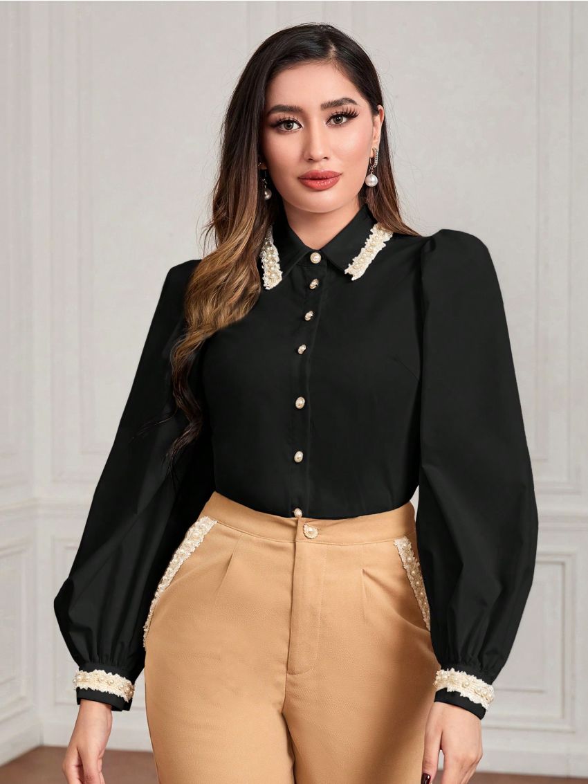 SHEIN Modely Pearls Detail Button Front Lantern Sleeve Shirt