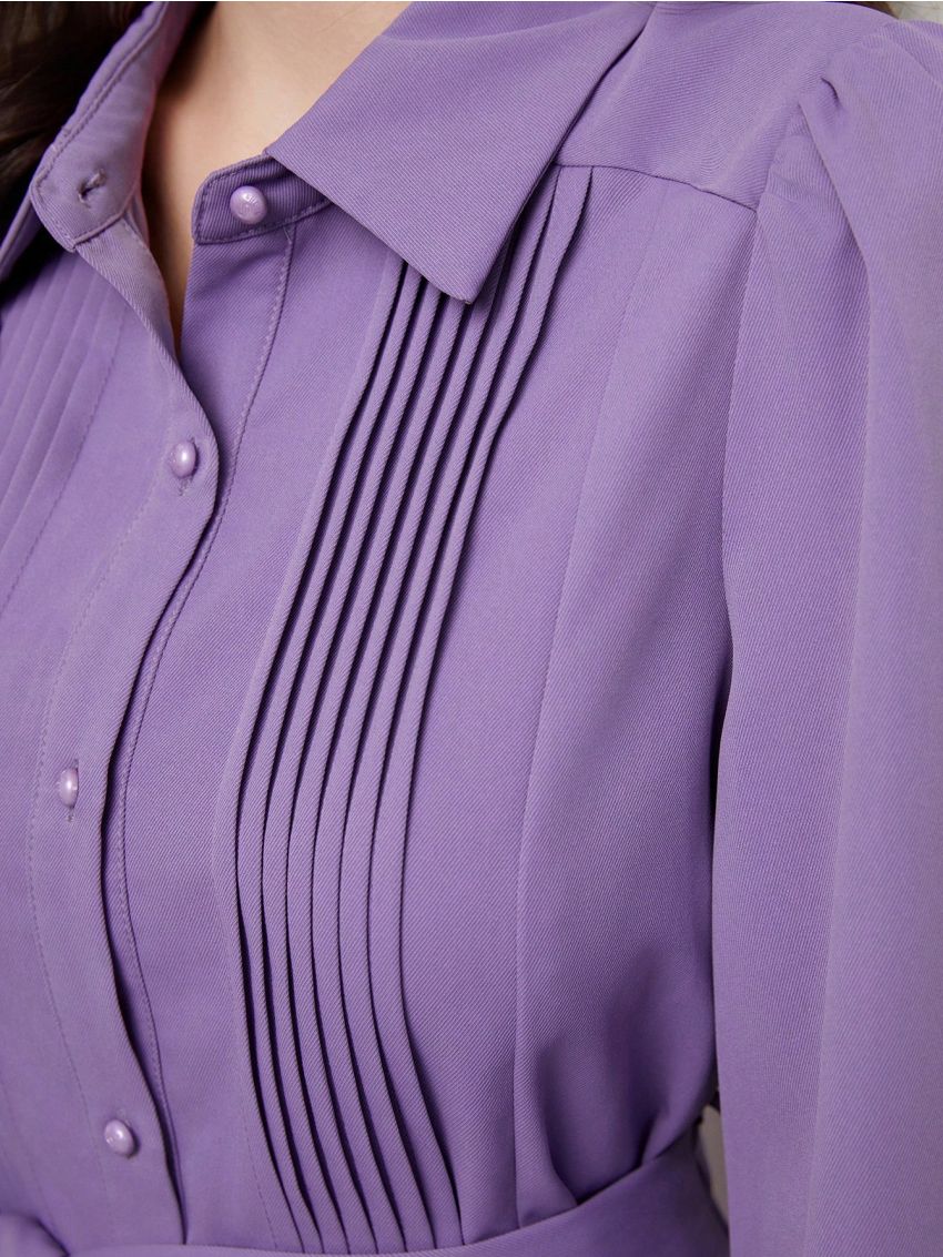 SHEIN Mulvari Lantern Sleeve Belted Pleated Shirt Dress