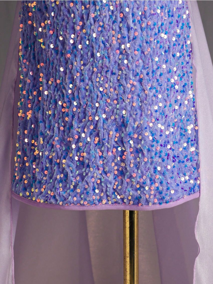 Tween Girls' Formal Dress With Puff Sleeves, Personality Sparkle Skirt For Performance, Wedding, Evening Party, Birthday