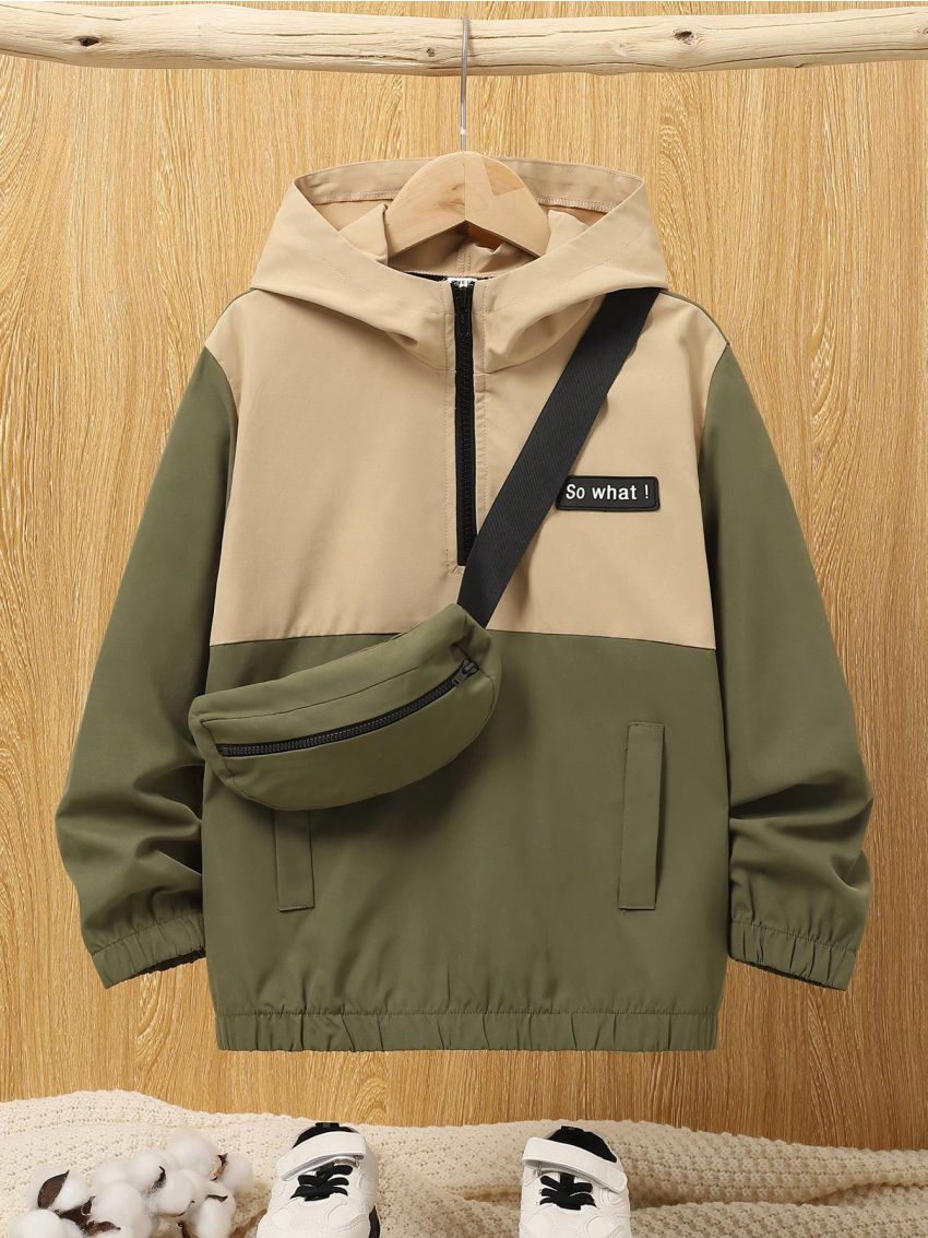 Tween Boy 1pc Slogan Patched Detail Half Zipper Hooded Jacket With Bag