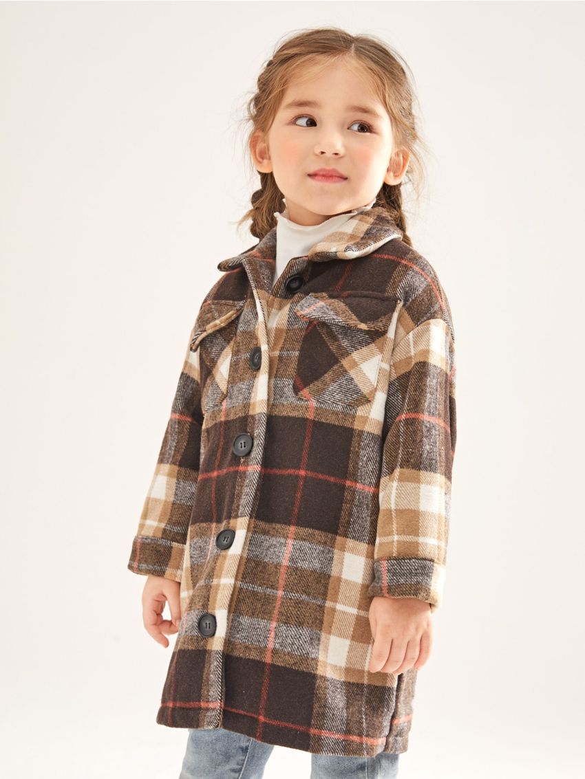 SHEIN Toddler Girls Plaid Print Flap Pocket Drop Shoulder Overcoat