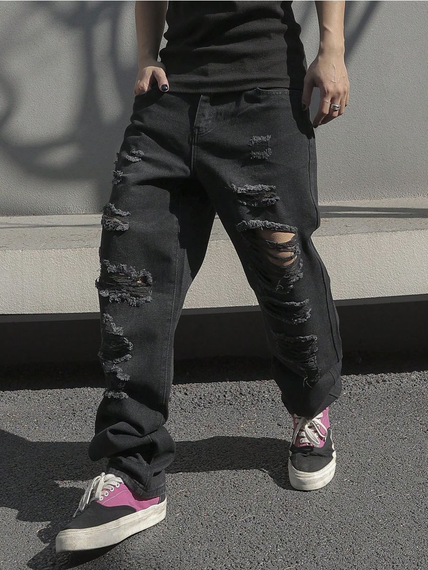 Men's Straight Leg Jeans With Distressed Design