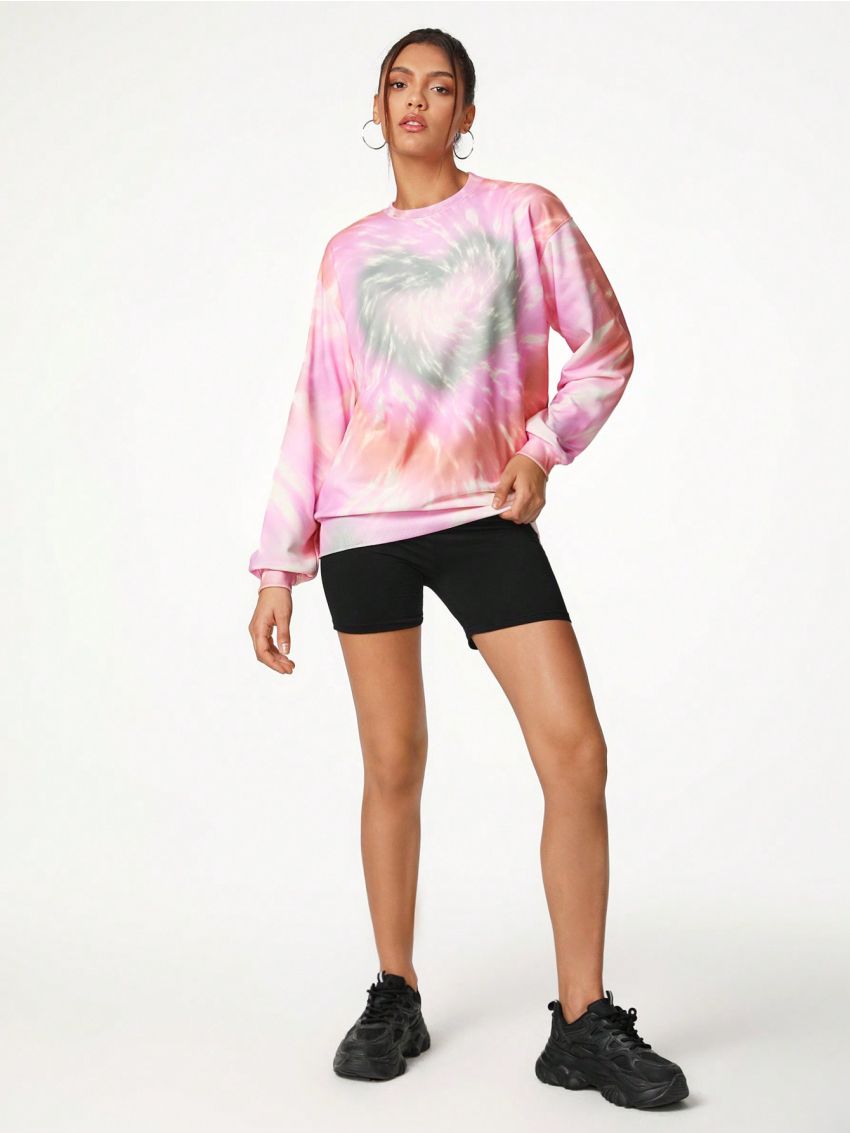Carola Prints Loose Fit Tie-Dye Heart Printed Sweatshirt With Crew Neck