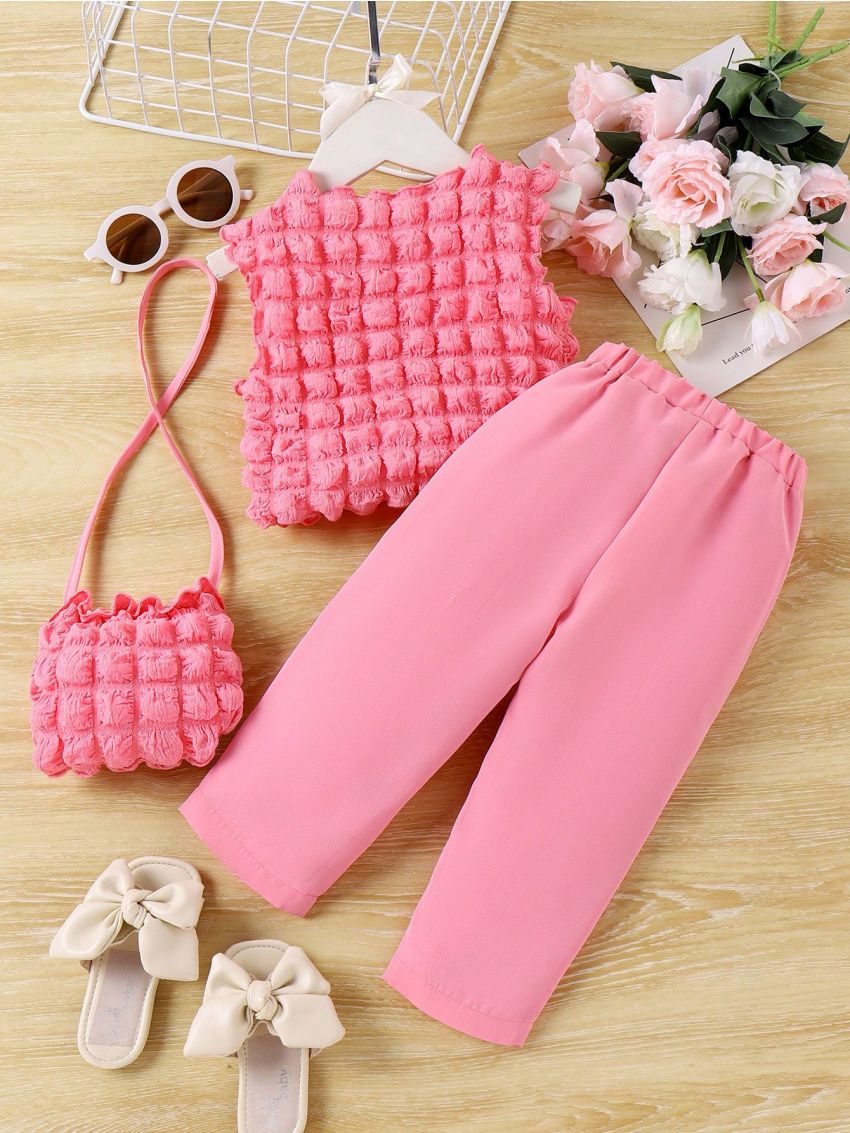 Baby Girls' Textured Vest And Pants Set With Matching Bag