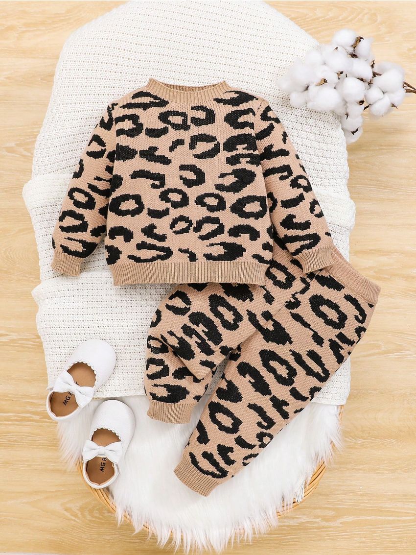SHEIN Baby Girl Leopard Pattern Sweater & Knit Pants