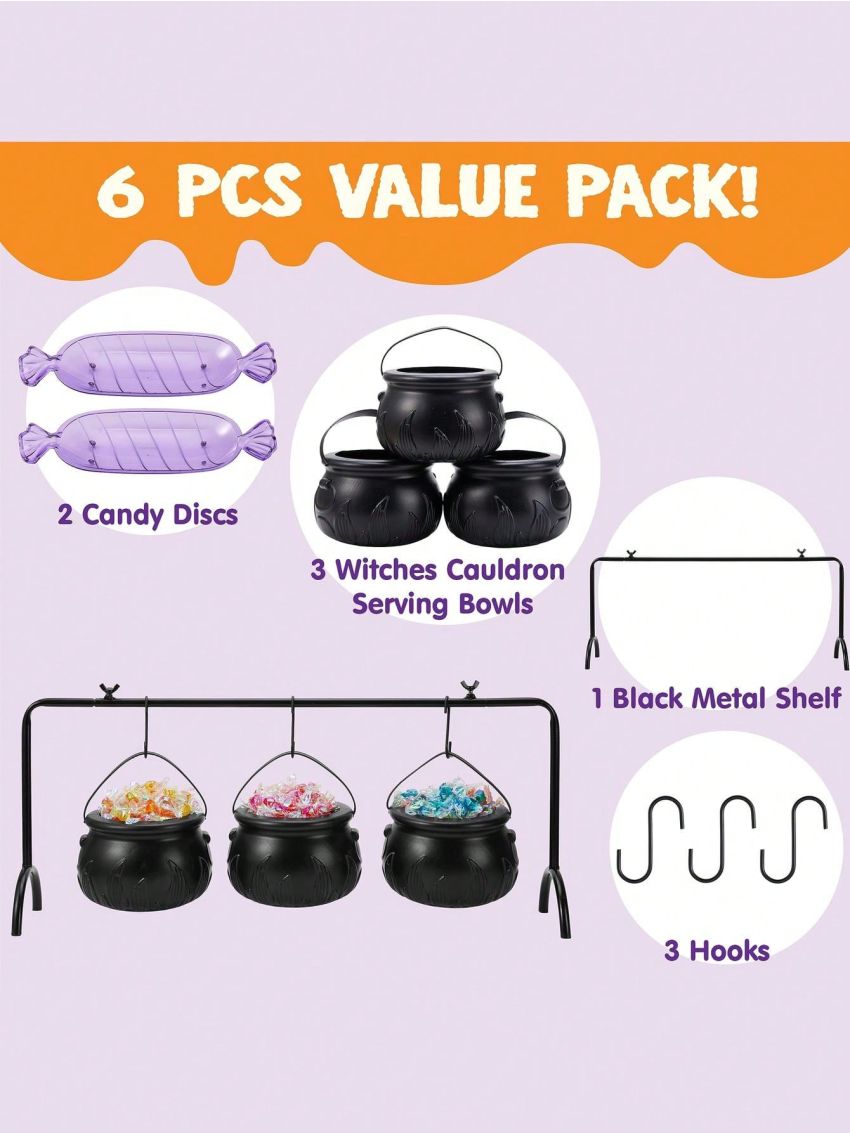 JOYIN 3 Witches Cauldron Serving Bowls, 2 Purple Candy Discs, a Black Metal Shelf with 3 Hooks, 6 PCS Halloween Party Decoration Set Black Plastic Candy Bucket Cauldron Bowls, for Halloween Outdoor and Indoor Decor