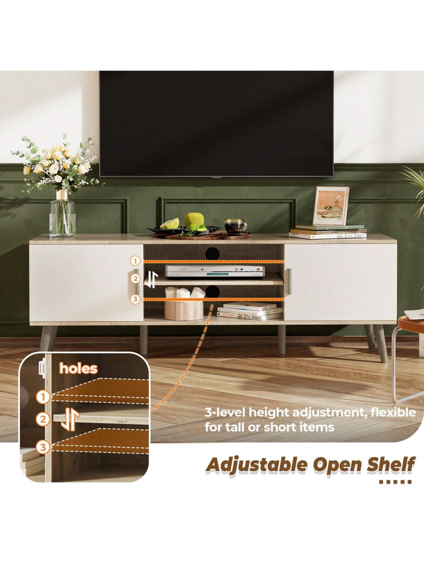 SUPERJARE TV Stand for 55 Inch TV, Entertainment Center with Adjustable Shelf, 2 Cabinets, Solid Wood Feet, 4 Cord Holes