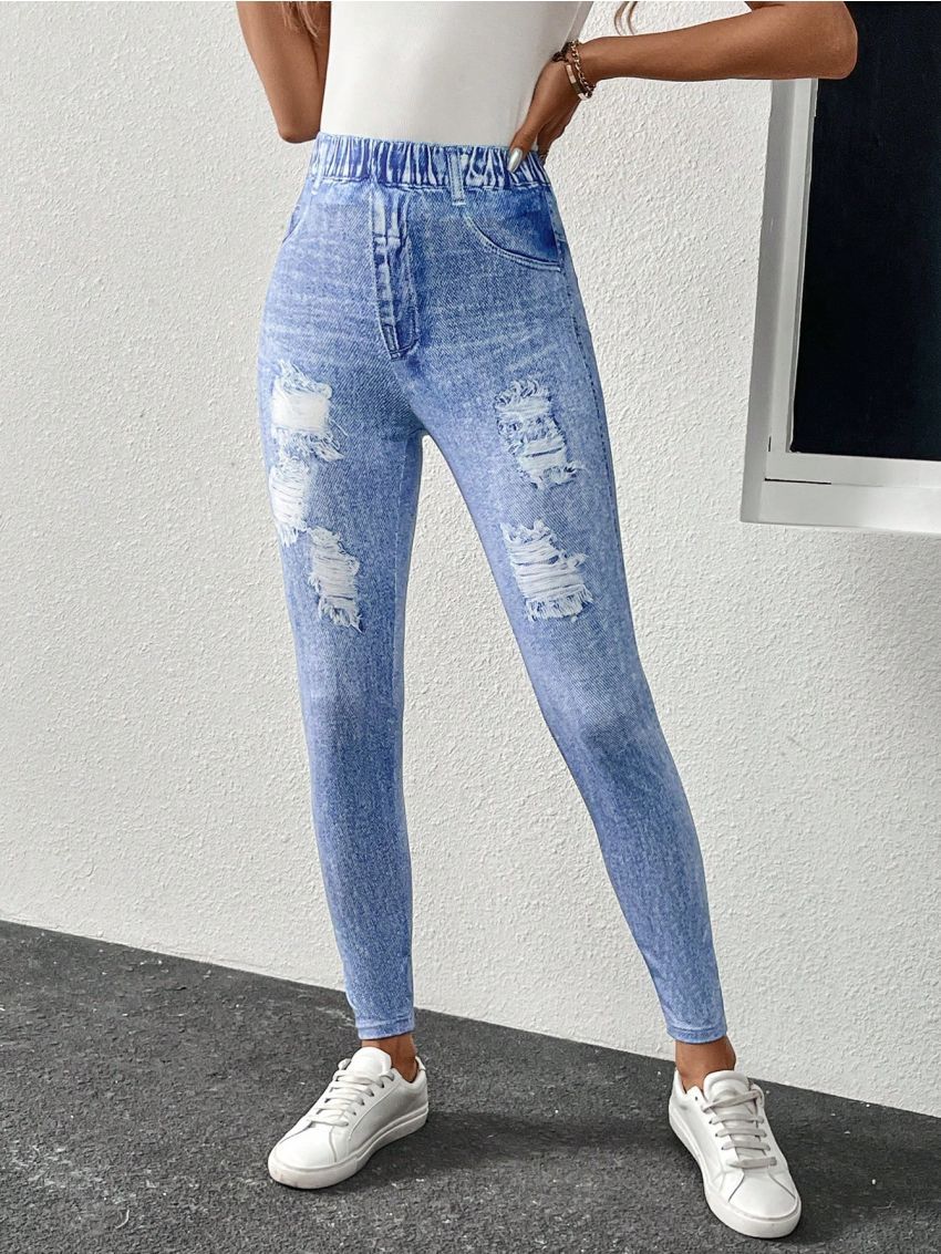 SHEIN LUNE Ladies' Printed Faux Denim Leggings