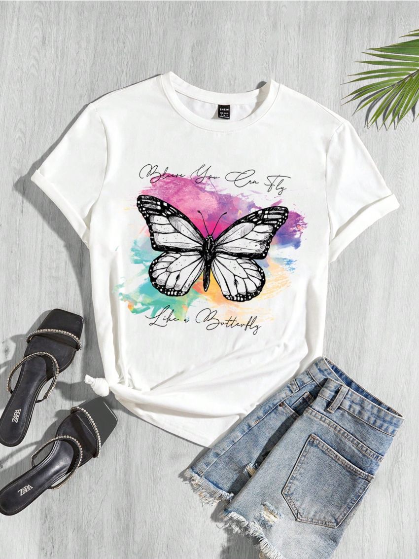 SHEIN Essnce Butterfly & Slogan Graphic Tee
