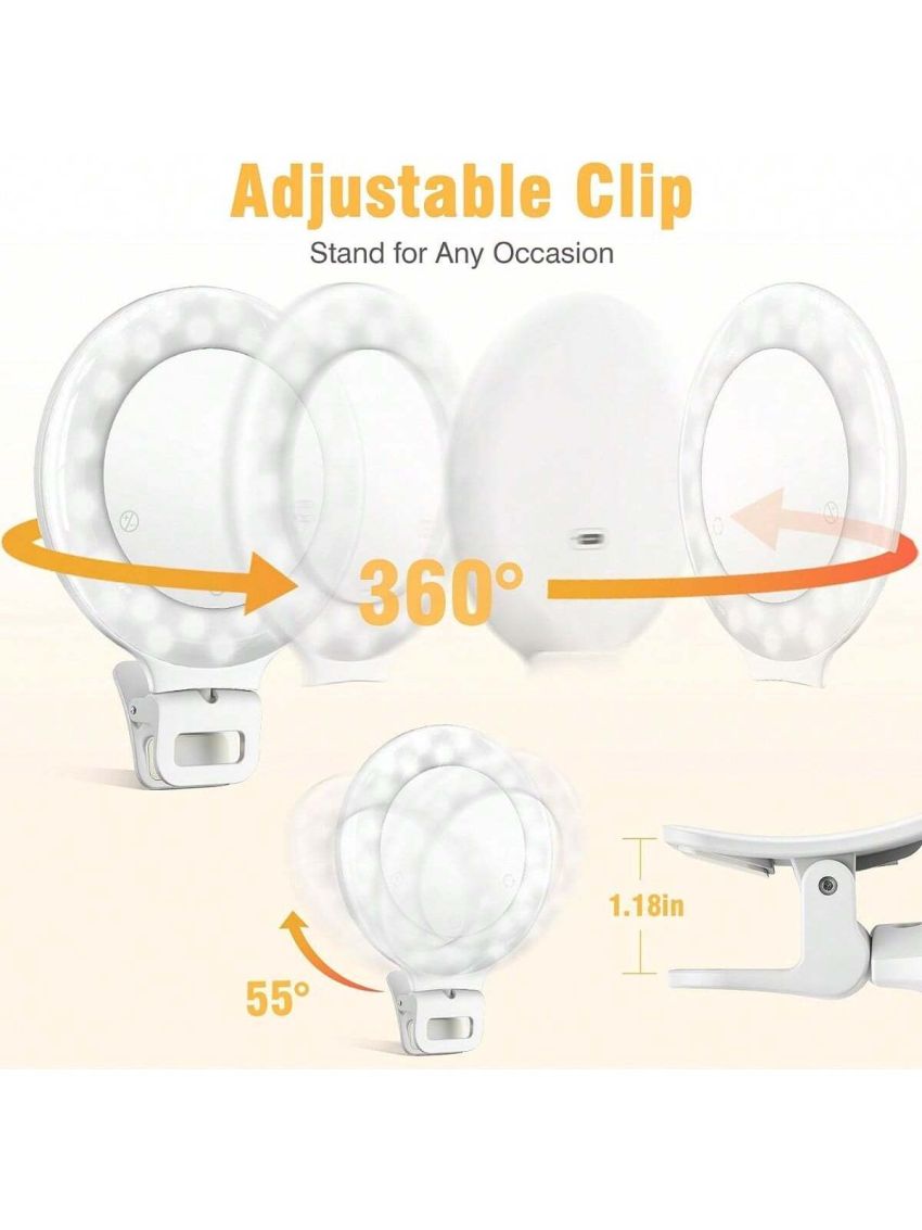 1PC Ring Light, LED Adjustable Brightness Clip on Light for Phone, 3 Light Mode Selfie Light Rechargeable Large Capacity Battery Portable , iPad, Laptop, for Makeup, Photography, Vlog,