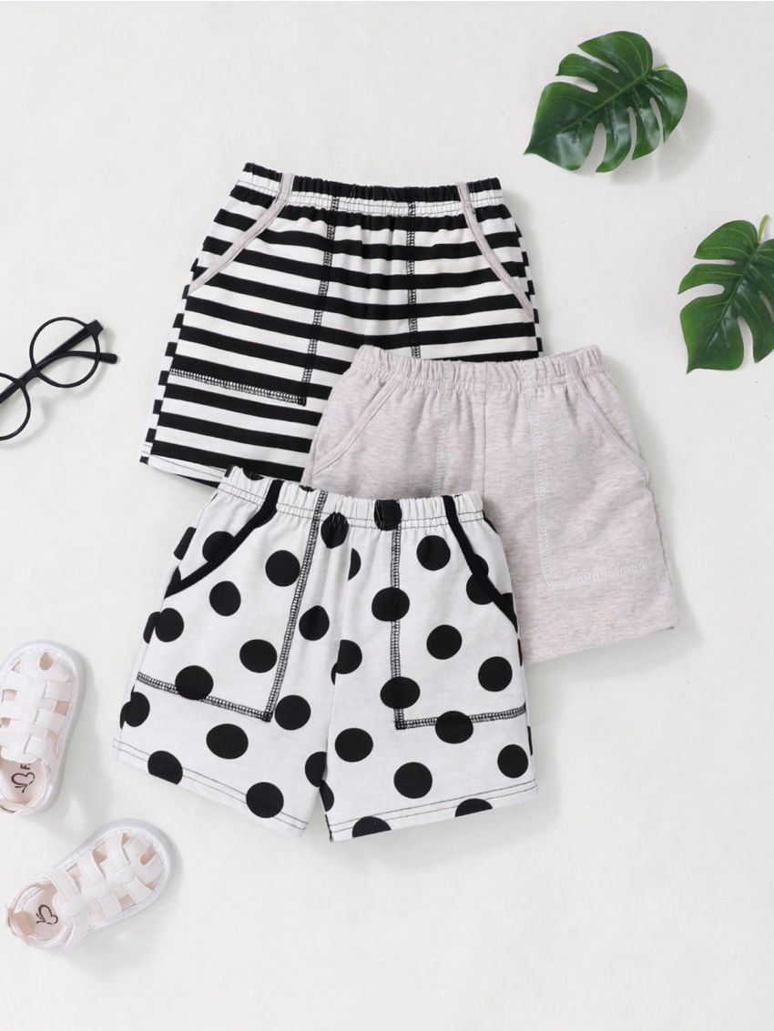 SHEIN Unisex Baby Casual Striped Polka Dot Elastic Waist Shorts 3pcs Outfit Set