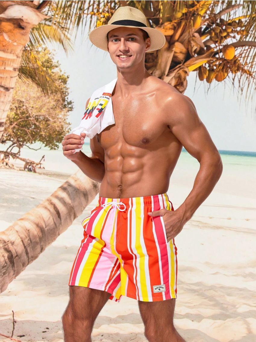 Manfinity Men's Drawstring Waist Color Block Striped Printed Beach Shorts