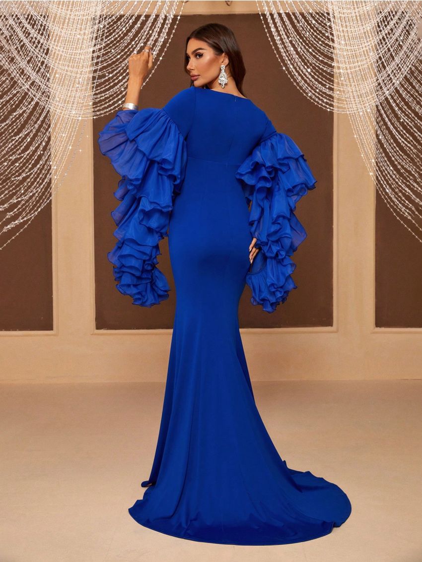 SHEIN Belle Women's Exaggerated Tiered Ruffle Sleeves Slim Fit Fishtail Evening Dress