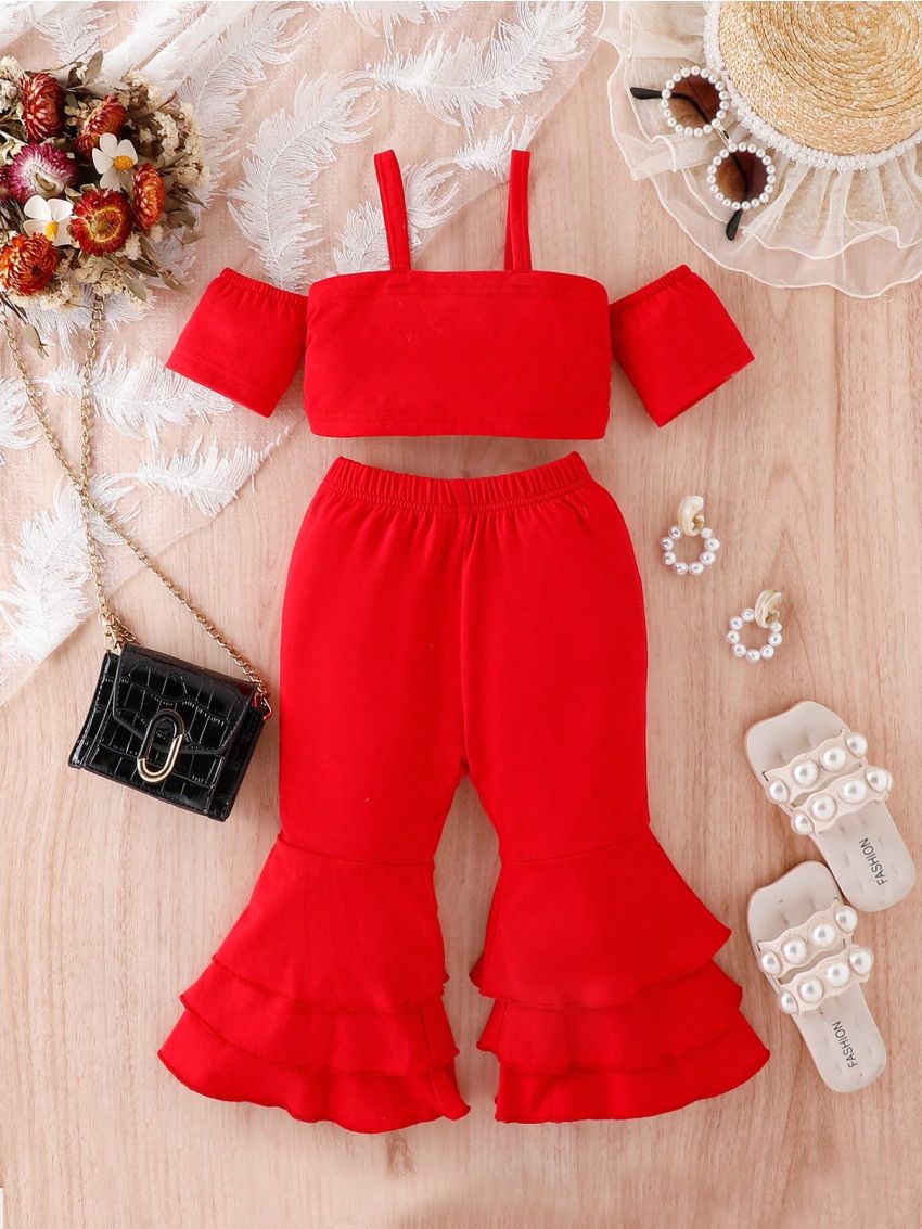 Baby Girl Solid Color Off Shoulder Short Sleeve Top And Flared Pants Set