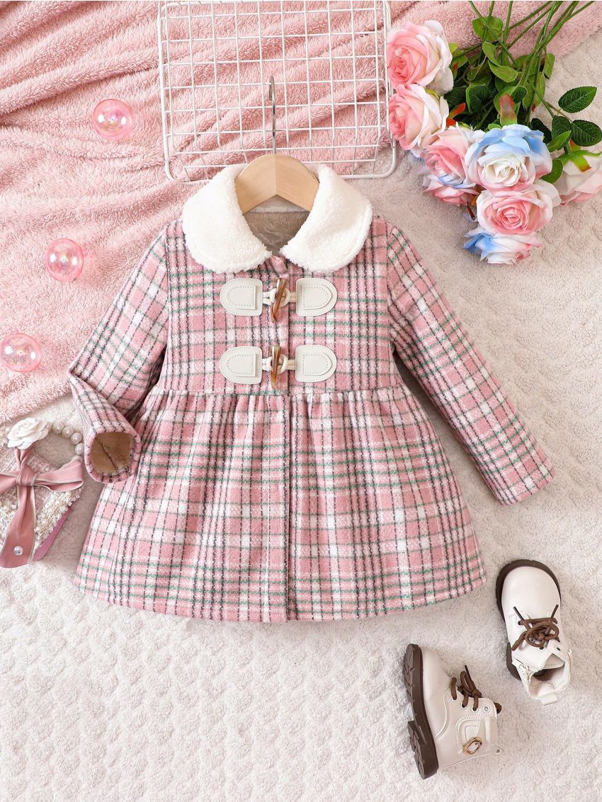 SHEIN Kids FANZEY Young Girl Plaid Print Borg Collar Duffle Overcoat