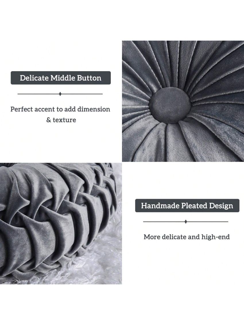 Set of 2 Decorative Round Pleated Throw Pillows, Classy Accent Pumpkin Throw Pillows with Center Button, Vintage Velvet Floor Pillow for Sofa Couch Vanity Chair Bed, 14.5