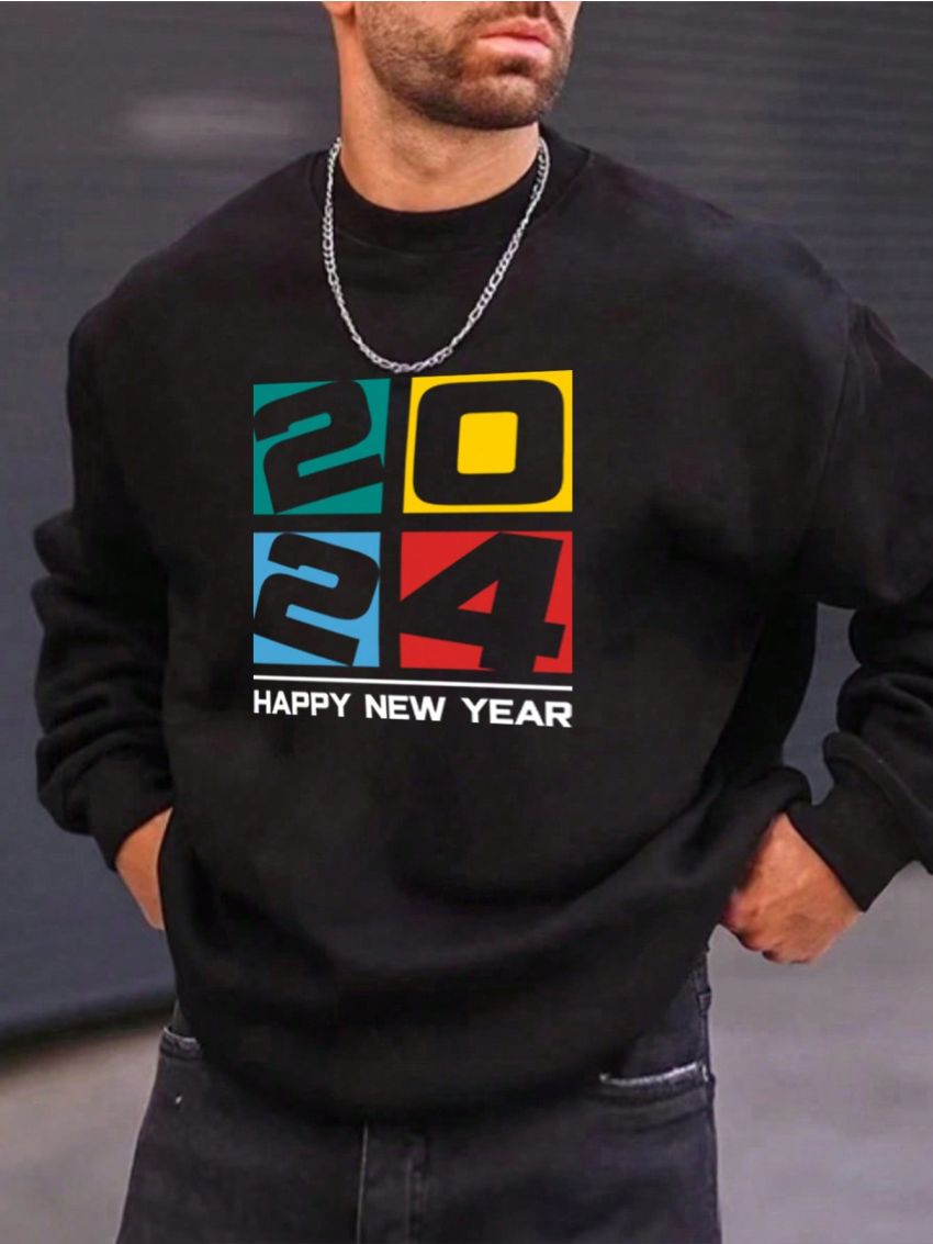 Manfinity Homme Loose Fit Men's Plus Size New Year Slogan Printed Sweatshirt