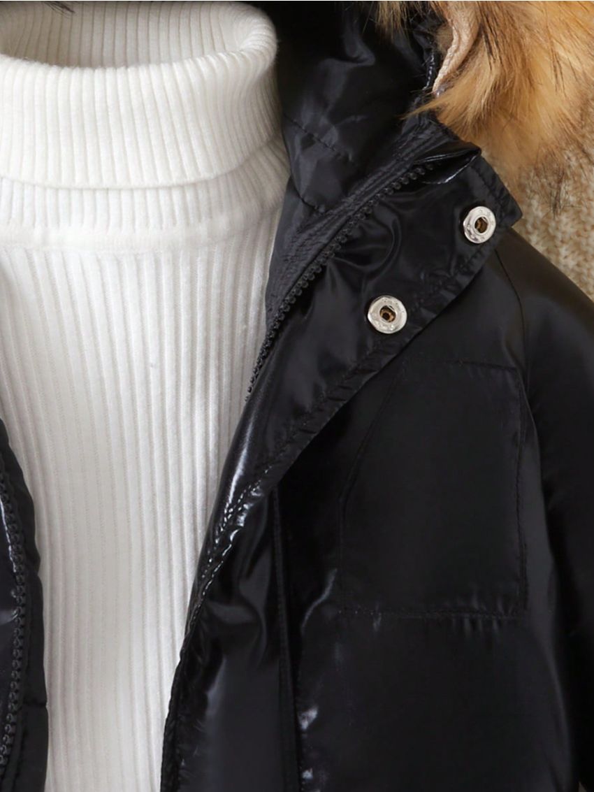 Baby Boy Fuzzy Trim Hooded Thermal Lined Winter Coat Without Sweater