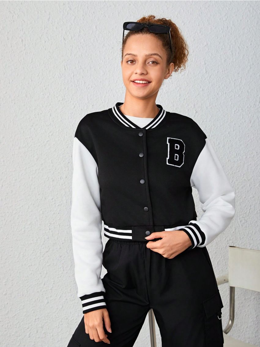 Teen Girl Letter Patched Striped Trim Drop Shoulder Crop Varsity Jacket