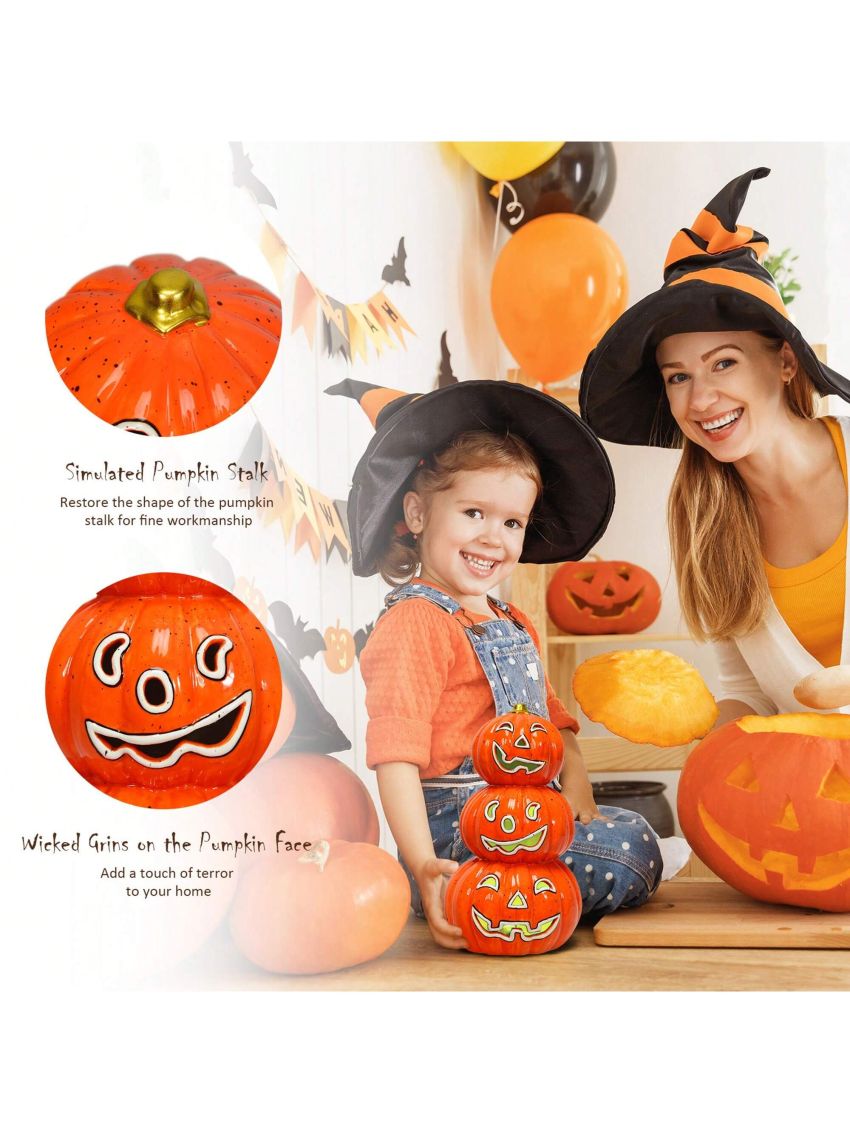 Costway Pre-Lit Halloween Pumpkin Lantern 3 Tiers Hand-Painted Ceramic Pumpkins