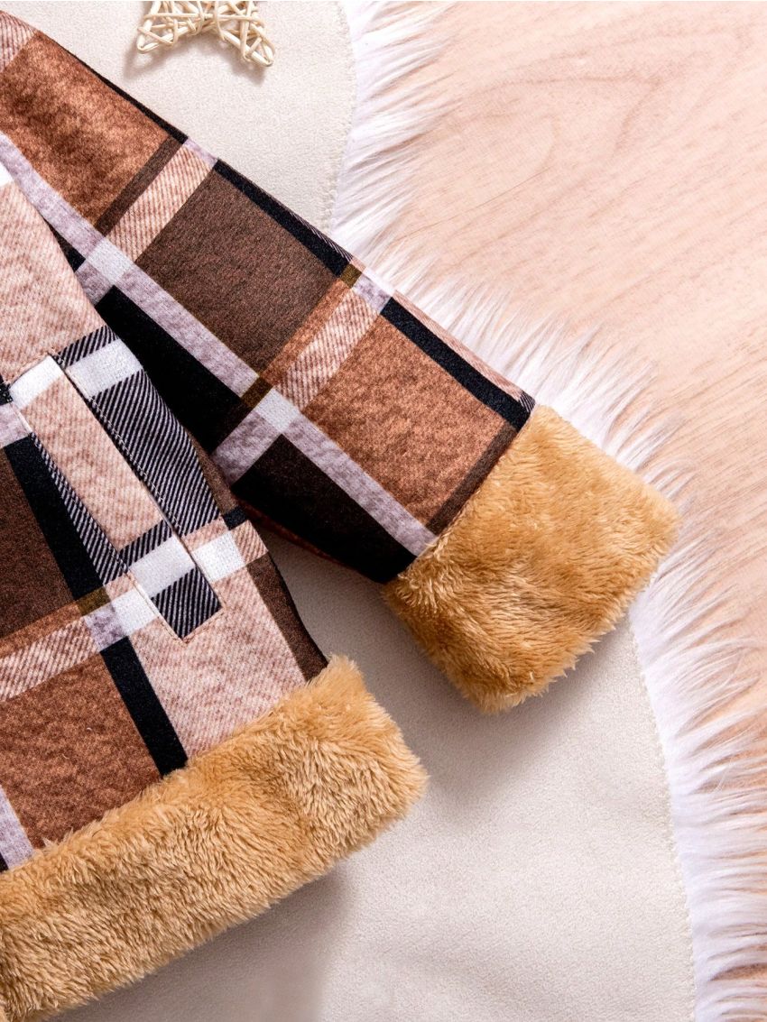 SHEIN Kids SUNSHNE Little Girls' Khaki Woolen Coat With Plush Splicing And Long Sleeves