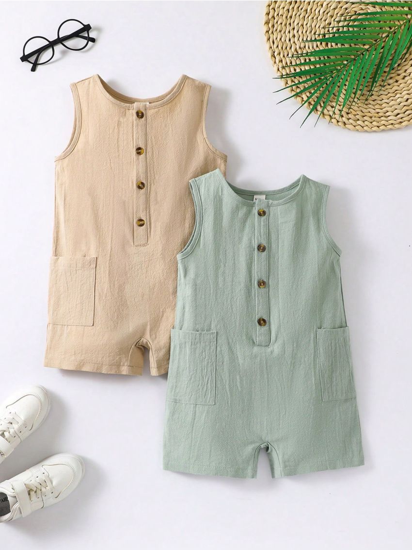 SHEIN Kids SUNSHNE Little Boy'S Solid Color Sleeveless Jumpsuit