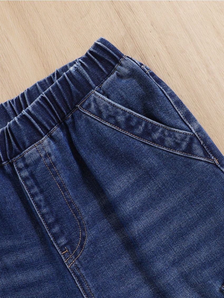 SHEIN Teen Boy's Cargo Denim Pants With Side Pockets, Washed, Elastic Waist, Comfortable Fit, Slim Fit