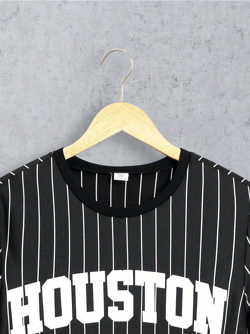 SHEIN Teen Boys' Casual Loose Fit Striped Short Sleeve T-Shirt With Letter Print