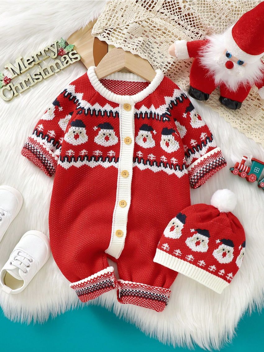 Baby Boys' Red Casual Christmas Sweater Jumpsuit With Cute Deer Design