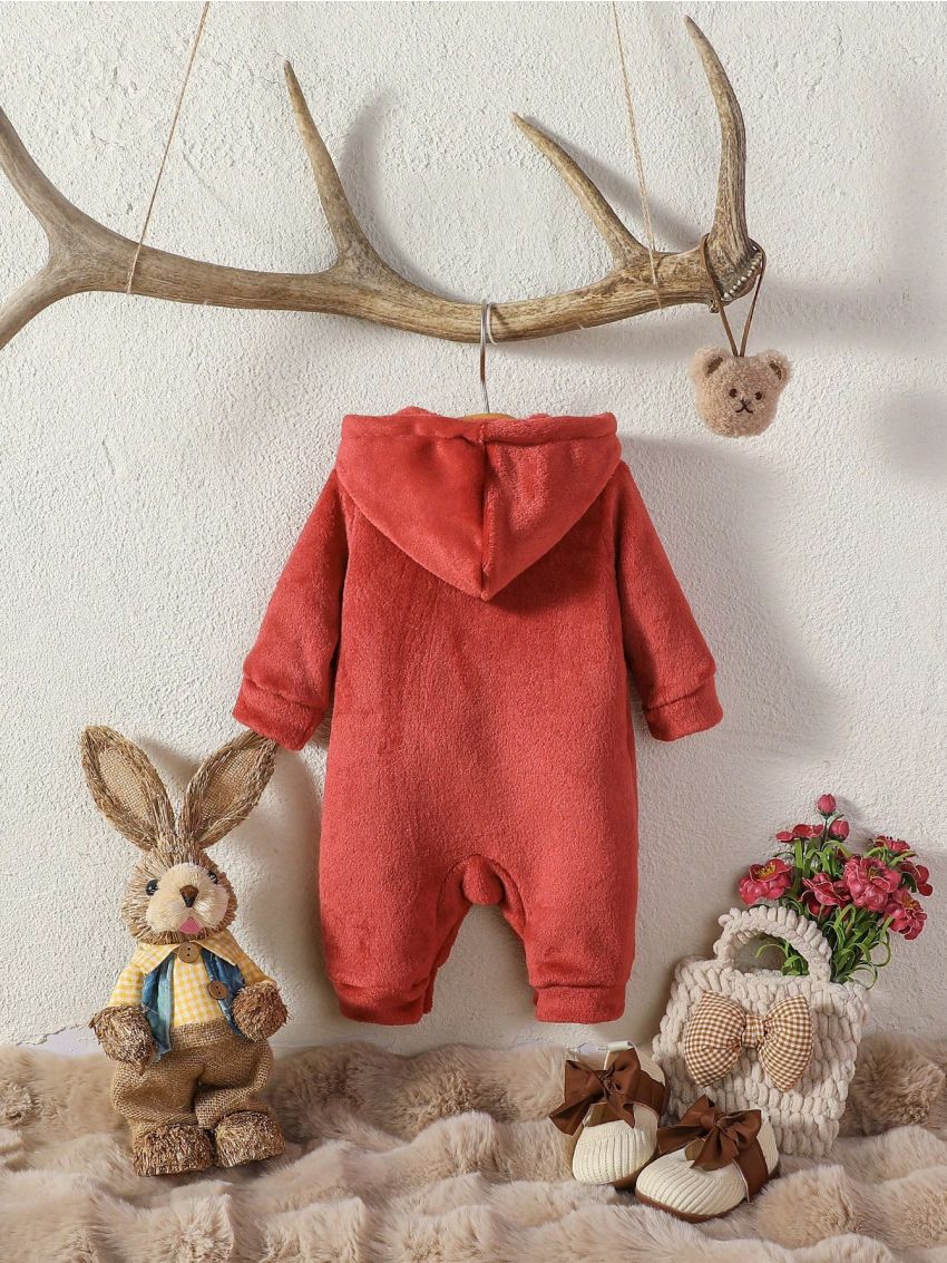 SHEIN Baby Boy Cartoon Embroidery 3D Ear Design Hooded Fleece Jumpsuit