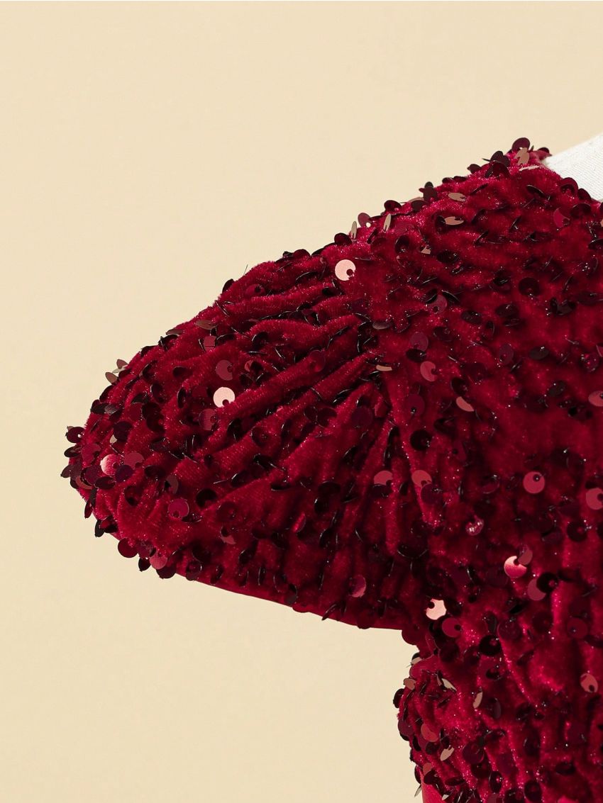 Little Girl's Asymmetric Neckline Sequin Panel Dress With Bow Decoration