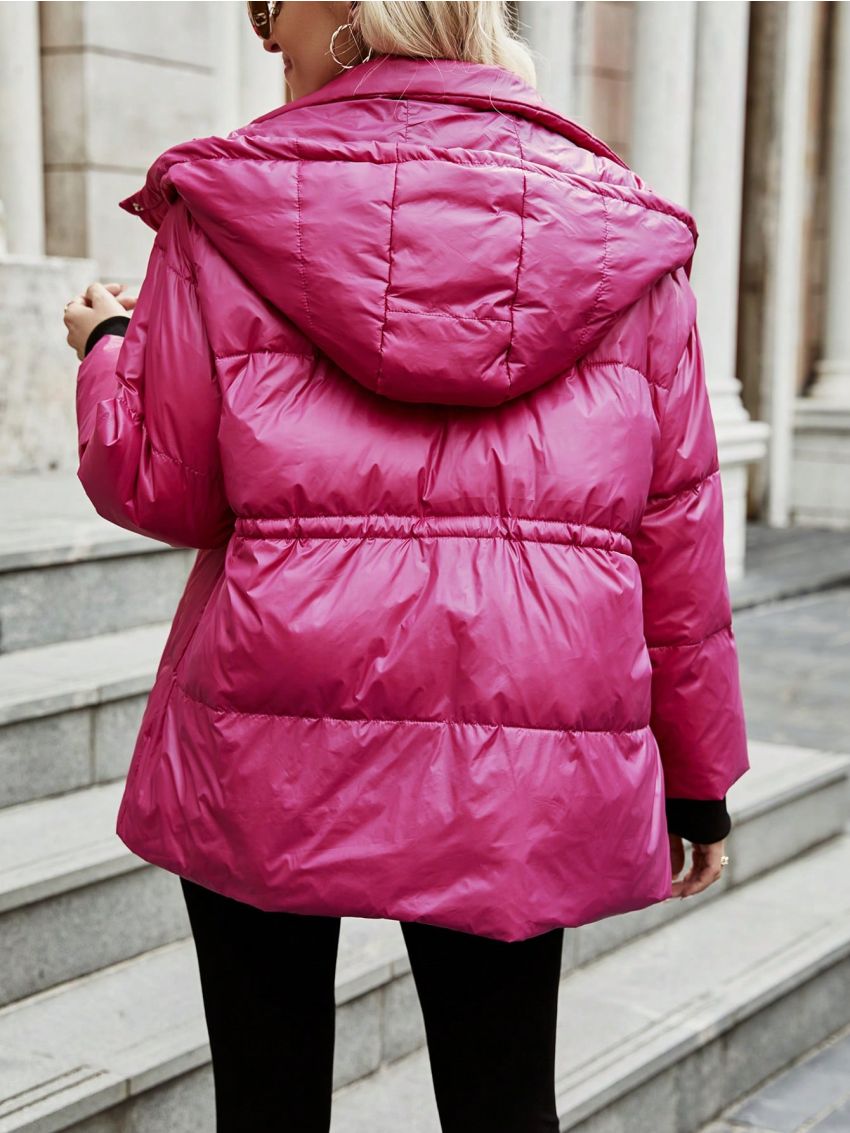 SHEIN Frenchy Drawstring Waist Drop Shoulder Zipper Hooded Down Coat