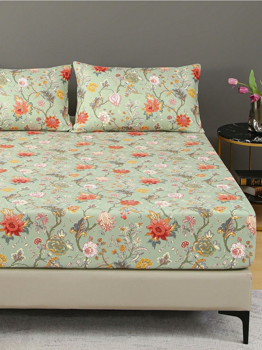 3pcs Fitted Sheet Set, 90g Polyester Flannelette, Plant And Floral Element Patterns, 1 Fitted Sheet And 2 Pillowcases