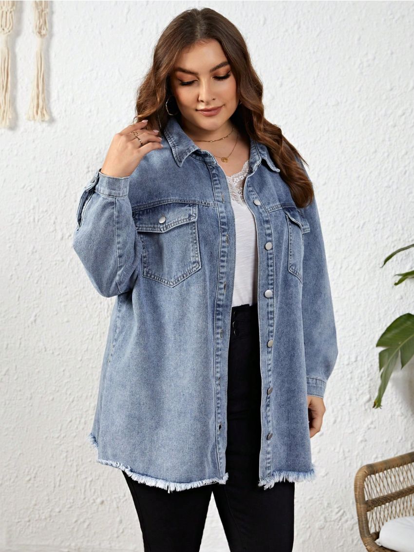Plus Size Women'S Light Blue Water Wash Raw Edge Denim Jacket