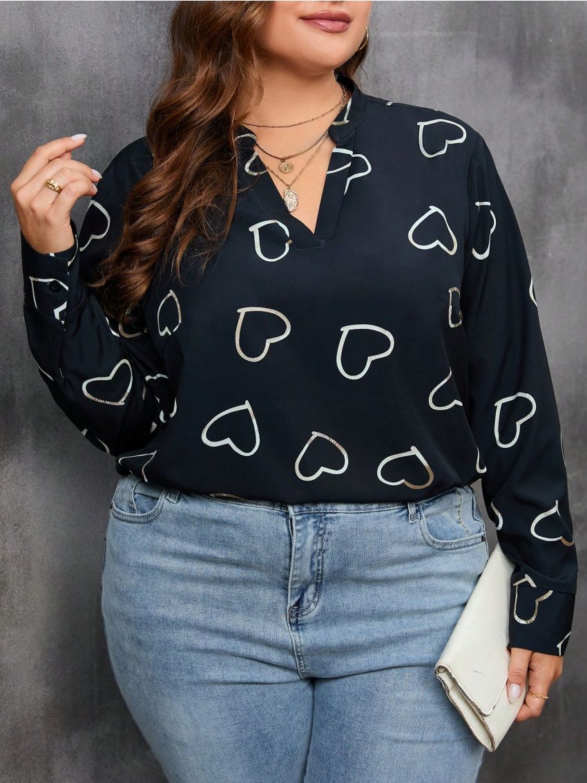 SHEIN LUNE Plus Heart Print Notched Neckline Blouse