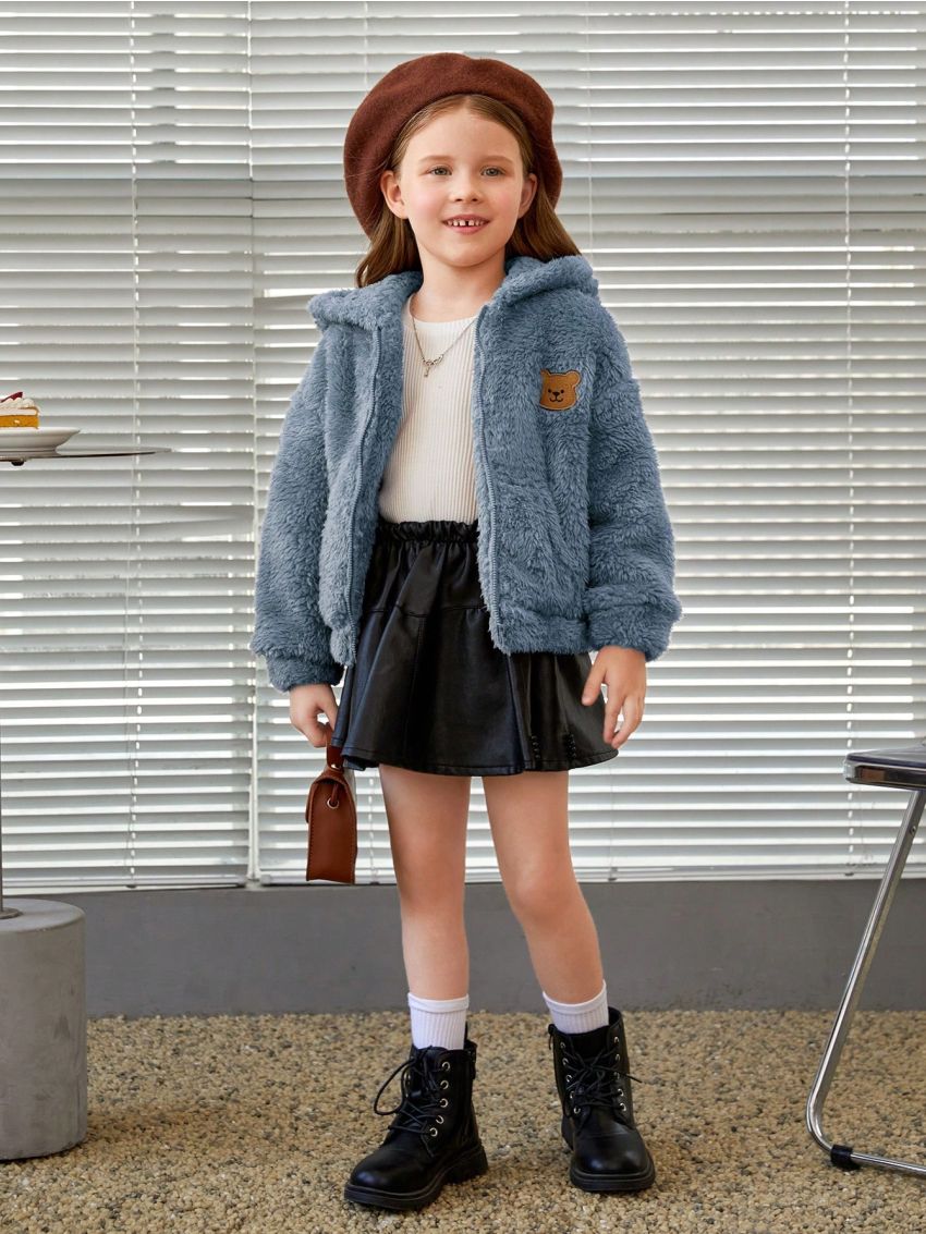SHEIN Little Girl's Bear Patch Plush Hooded Loose Casual Jacket
