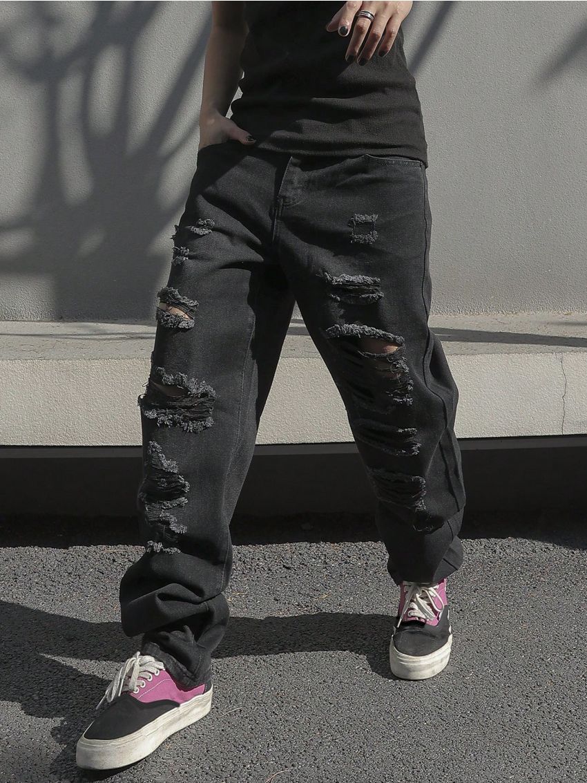 Men's Straight Leg Jeans With Distressed Design